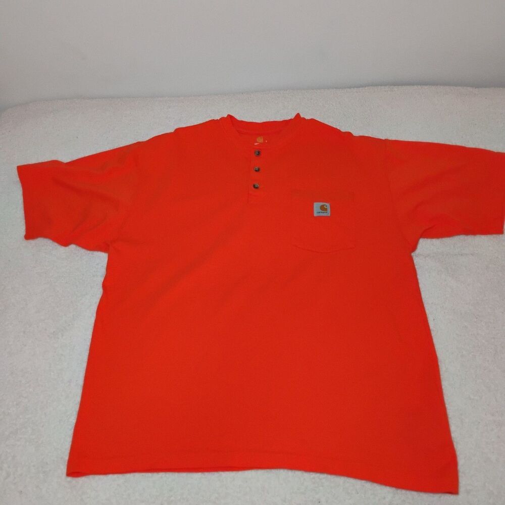 Orange Carhartt  T-shirt  Pocket 3 Button Front  Mens Size Large Casual Quality